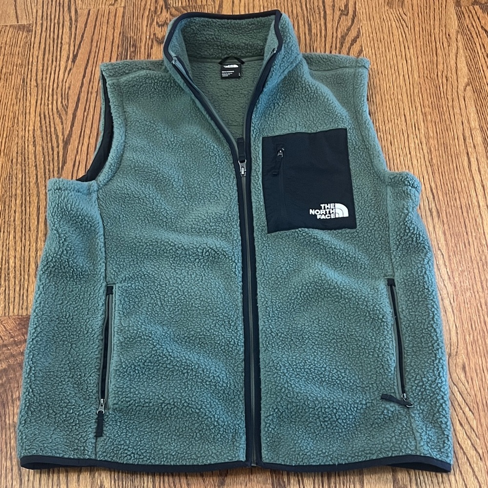 The North Face Olive Fleece Vest with Black Pocket